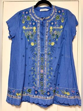 MISSLOOK Royal Blue Floral Embroidered Short Sleeve Tunic
